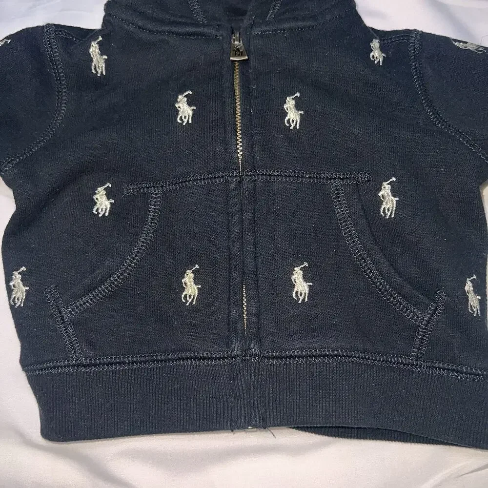 Ralph Lauren Tracksuit Baby Size 3M Black Fleece Gold Logo AOP Hoodie Pants Set